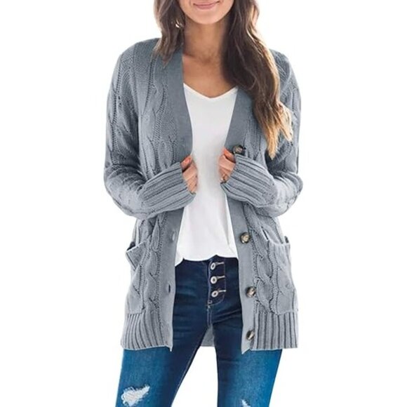 Women's Fall Long Sleeve Cable Knit Sweater Open Front Cardigan Grey
